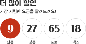 단문 9원 / 장문 27원 / 포토 65원 / 팩스 18원